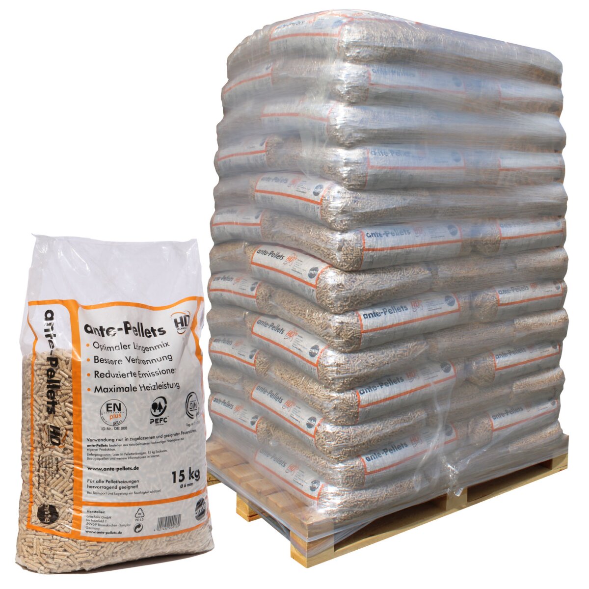 Ante Premium Holzpellets DINplus – 975 kg Palette (65 x 15 kg Säcke)