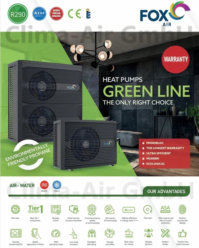 FoxAir Green Line 9 kW Monoblock-Wärmepumpe R290 – 1-phasig, Heizen & Kühlen (GL-9-1)