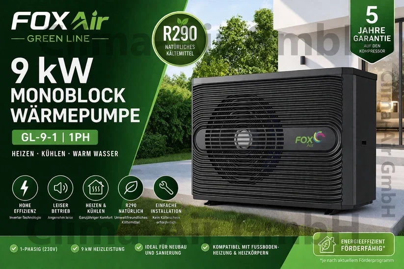 FoxAir Green Line 9 kW Monoblock-Wärmepumpe R290 – 1-phasig, Heizen & Kühlen (GL-9-1)