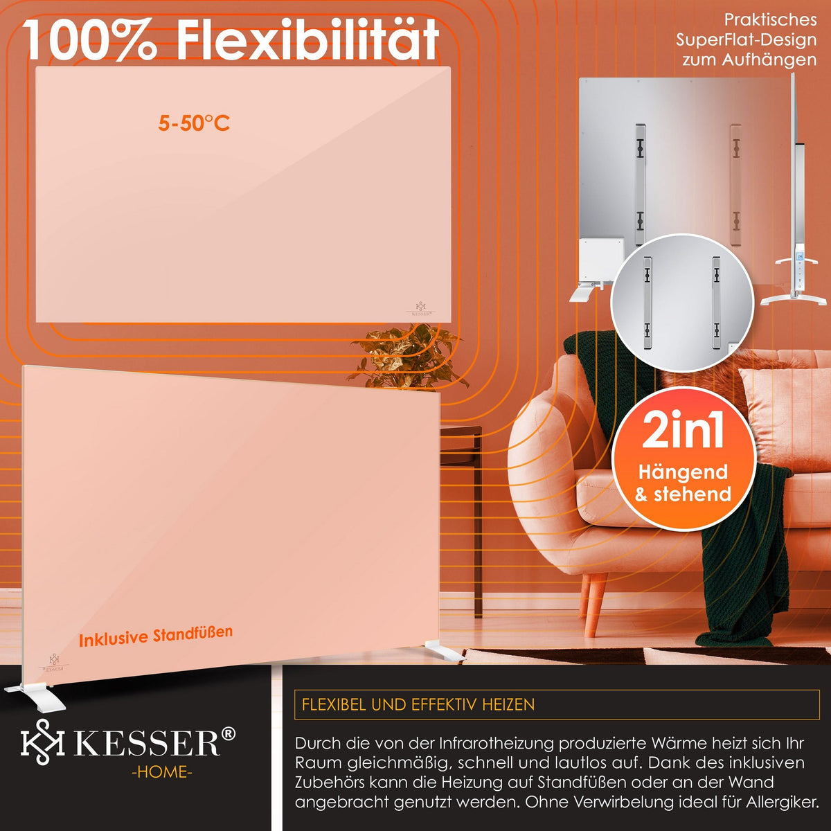 Kesser 2in1 Infrarotheizung mit Thermostat – Stand- & Wandgerät
