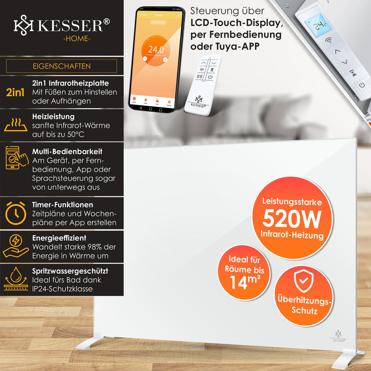 Kesser 2in1 Infrarotheizung mit Thermostat – Stand- & Wandgerät