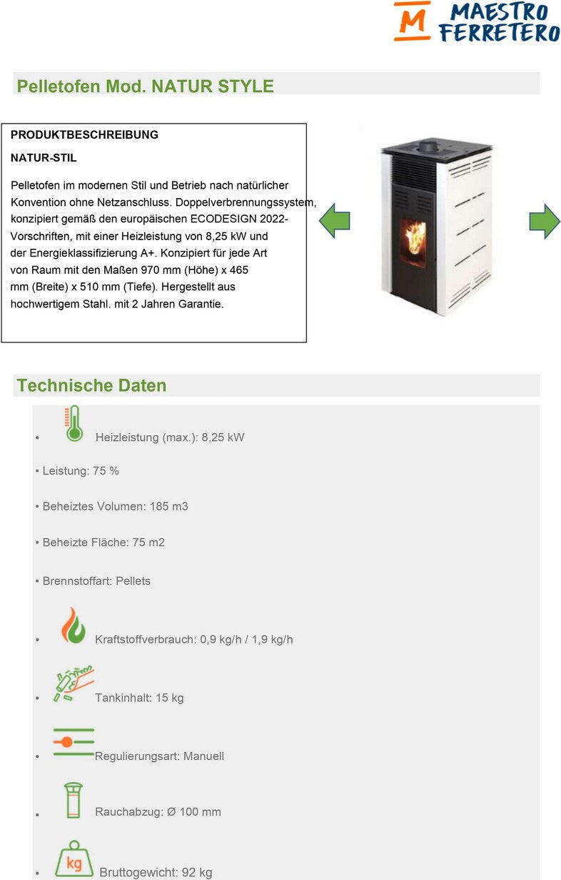 JOIMA Pelletofen stromlos NATUR STYLE 8 kW – Braun