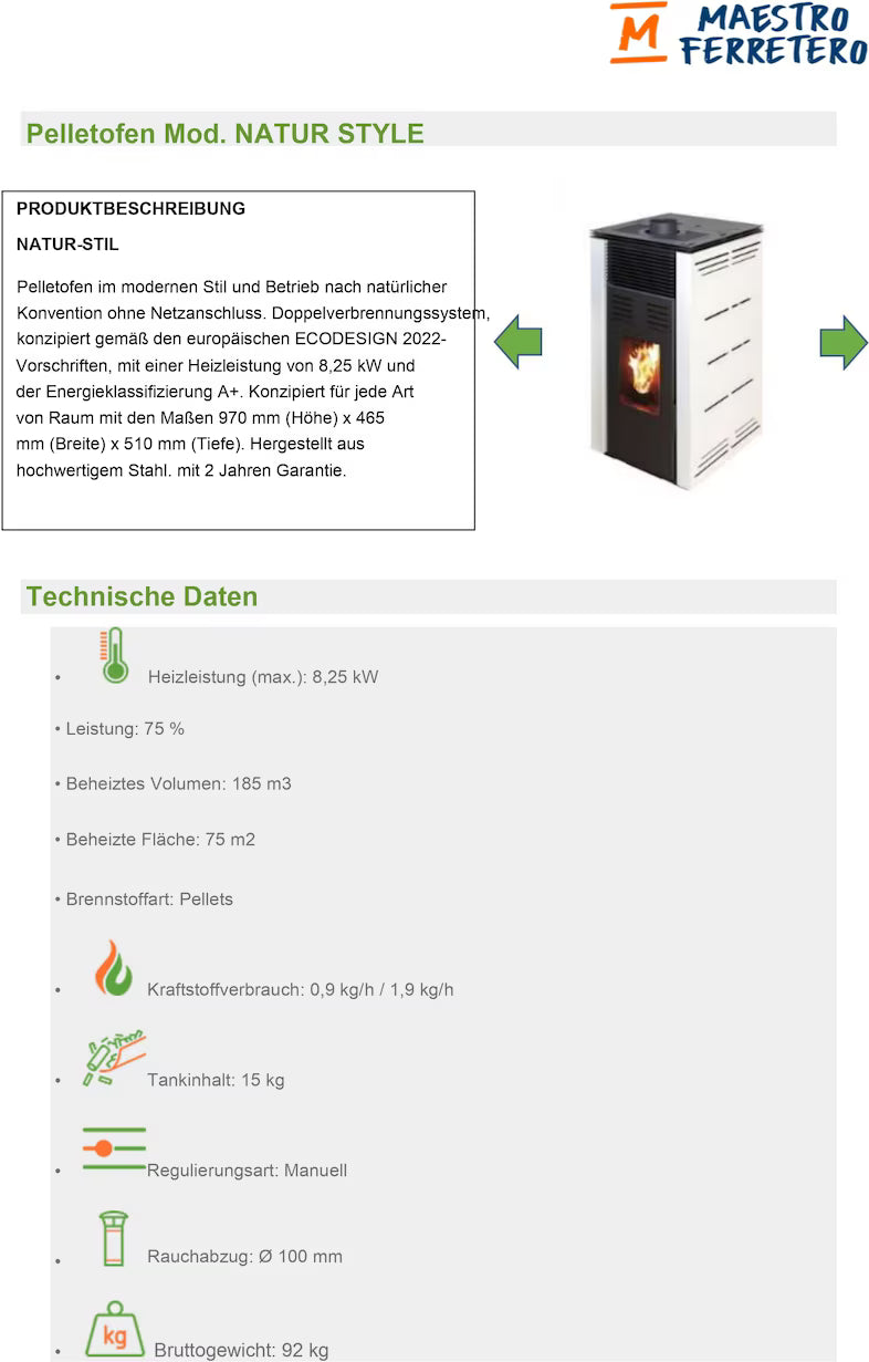 JOIMA Pelletofen stromlos NATUR STYLE 8 kW – Ecodesign 2022