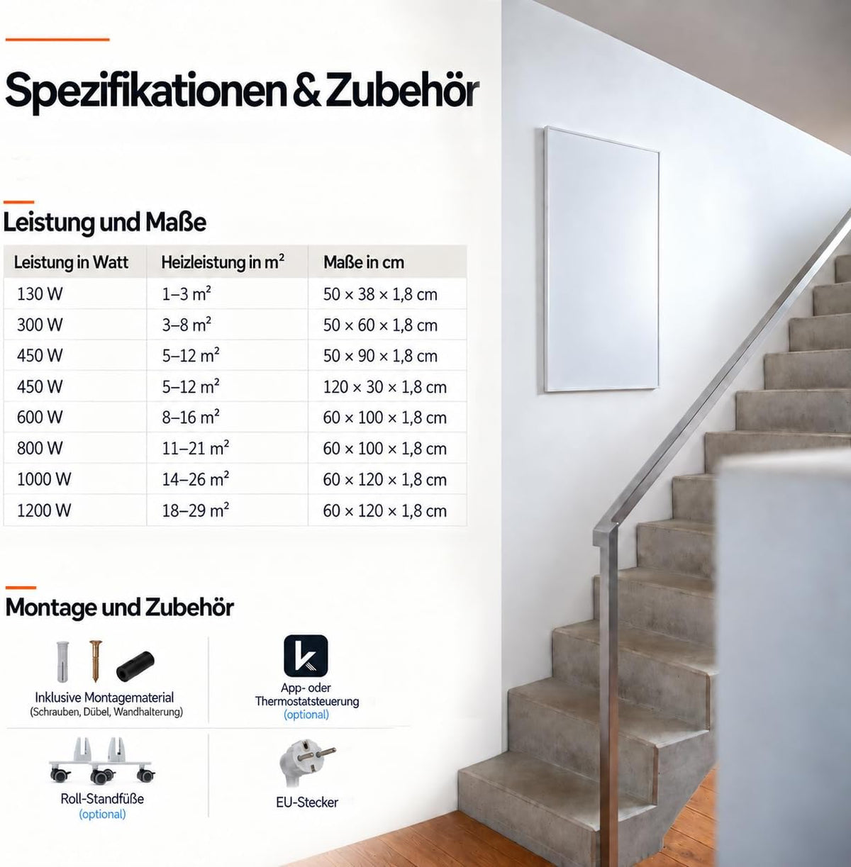 Könighaus Smart-Infrarotheizung 1000W mit App (14–26 m²)