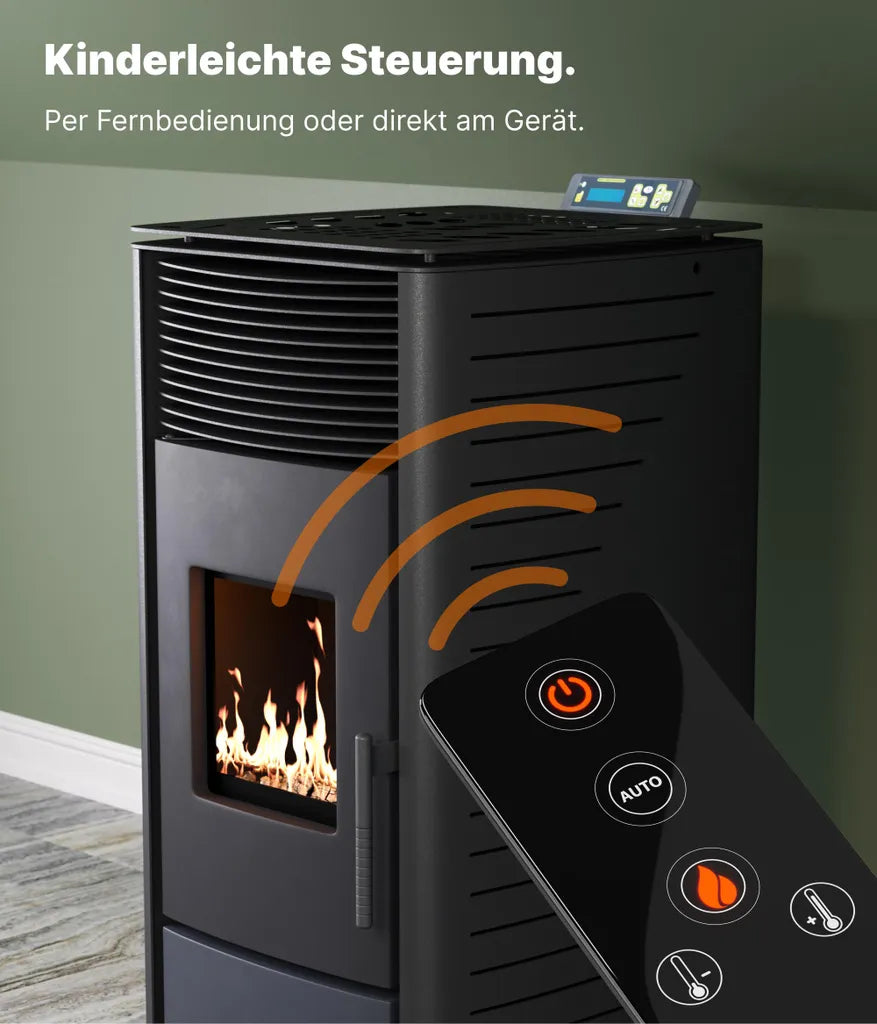 NEMAXX P6 Pelletofen 6 kW (A+) – Auto-Reinigung, ECO-Modus & Wochenprogramm, Schwarz