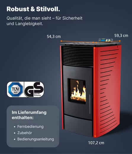Pelletofen P12 – 13,6 kW (A+), Automatische Reinigung, Rot